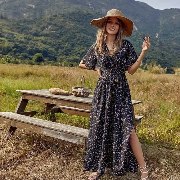 Black Boho Womens Allover Floral Print Split Thigh Belted Dress - Picture 4 of 5